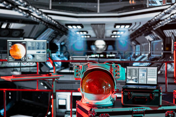 Danger warning lights indicating accident during Mars planetary scan mission in space. Error red light in spaceship shuttle over notebook showing planet surface analytics data