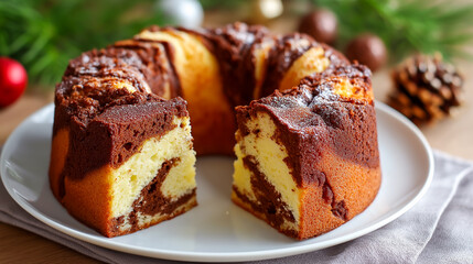 Homemade marble cake with swirls of chocolate and vanilla served on white plate