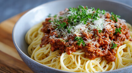 Spaghetti with beef bolognese sauce, topped with grated cheese and fresh herbs