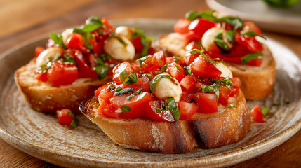 Fresh Caprese bruschetta with tomato, basil and mozzarella on toasted bread