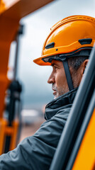 Focused construction worker in safety gear operating machinery outdoors