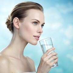 A young Caucasian woman with light brown hair holds a glass of water. She has clear skin and a serene expression, set against a soft blue background.