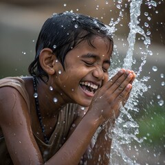 Obraz premium A young South Asian boy with short black hair smiles joyfully while playing in water. Water droplets splash around him, creating a lively atmosphere.