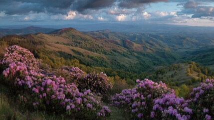 Obraz premium Panoramic mountain vista with vibrant rhododendrons.