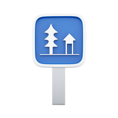 A blue sign featuring stylized trees and a house, indicating a natural or recreational area.