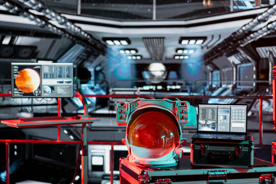 Danger warning lights indicating accident during Mars planetary scan mission in space. Error red light in spaceship shuttle over notebook showing planet surface analytics data