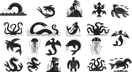Black silhouette mythical sea creatures and mermaids vector pack monster legend © fay009