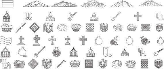 Collection of Armenian cultural symbols and landmarks in black line art flag mountain