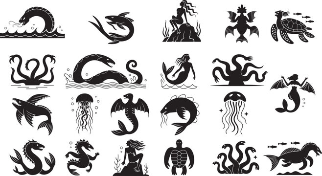 Black silhouette mythical sea creatures and mermaids vector pack monster legend