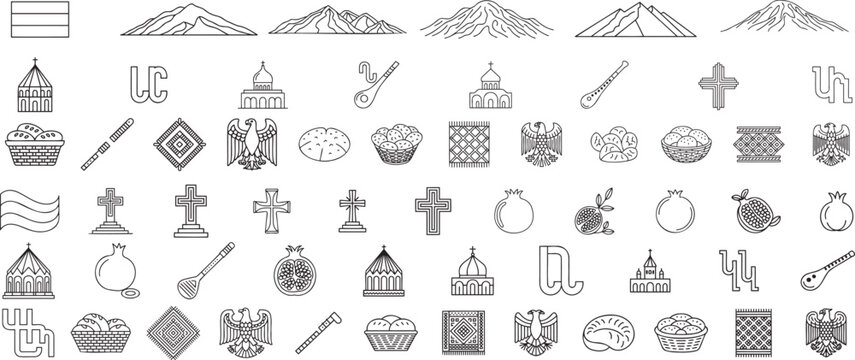 Collection of Armenian cultural symbols and landmarks in black line art flag mountain