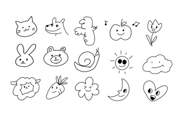 【手描きキャラ素材セット】動物と食べ物と自然モチーフのかわいい線画アイコン（顔つき）
