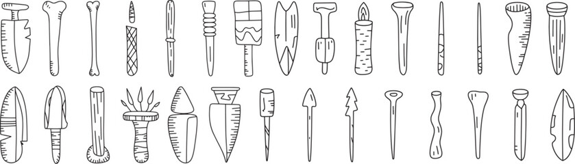Collection of primitive tools and objects in black and white line drawing bone knife