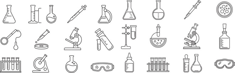Collection of scientific laboratory equipment icons in black outline science tools