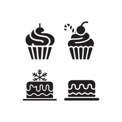 Festive Black and White Dessert Icons.Set of four black and white icons depicting various sweet treats, including cupcakes and cakes.