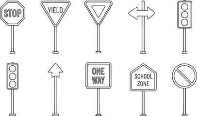 Collection of ten black and white line art traffic and street signs stop yield