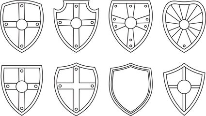 Eight black line medieval shield outlines on white background vector