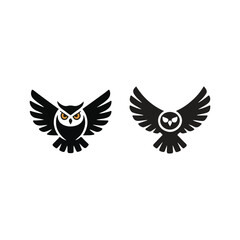 Fototapeta premium Two Stylized Black Owls in Flight.A vector graphic of two stylized owls in flight against a pure white background.
