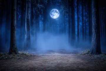 Obraz premium Creepy dark blue saturated foggy forest trees are depicted in this landscape with the use of a color filter effect
