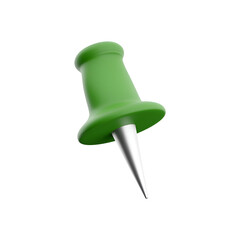 A green pushpin with a metal tip, commonly used for pinning notes or papers to boards.