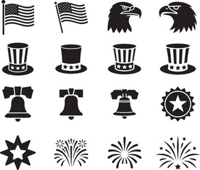 Set of six clean black and white American Independence Day silhouette icons flag eagle