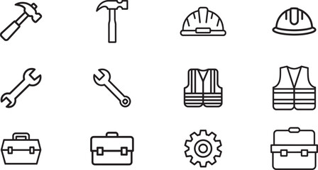 Set of six black outline icons for labor day and construction work industry