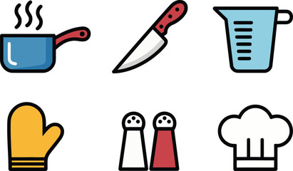 Six flat cooking icons including pot knife measuring cup oven mitt salt pepper and chef hat kitchen