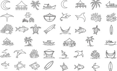 Tropical island beach and ocean line art icons moon crescent