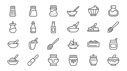 Collection of minimalist line art illustrations depicting various kitchen condiments and ingredients