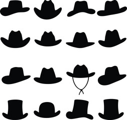 set of a black Cowboy hat icon vector silhouettes with minimalist logotype vector white background