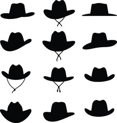 set of a black Cowboy hat icon vector silhouettes with minimalist logotype vector white background