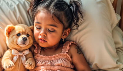 Adorable sleepy little girl hugging her favorite teddy bear, sleep, relaxation, friendship and happiness