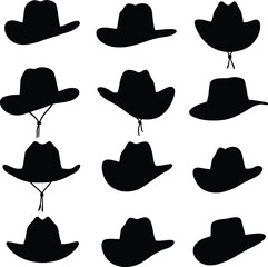 Modern Cowboy Hat Logotype Set with Black Icons Silhouette 

