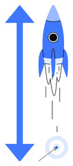 Blue rocket taking off beside a vertical arrow symbolizing upward growth and progress, paired with a target indicating focus and achievement. Ideal for business, startup, growth, goal-setting