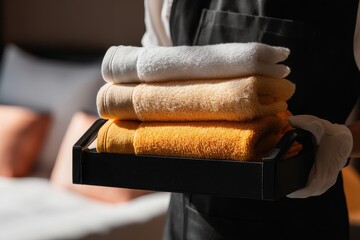 A beautiful young chambermaid, wearing her uniform, arrives at the hotel room with clean towels and other supplies in hand
