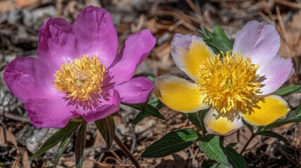 Close-up of two vibrant peonies, one purple and one bi-colored yellow and lavender.