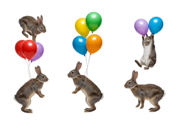 Playful Rabbits and Kitten with Balloons A Whimsical Celebration isolated on transparent baackground