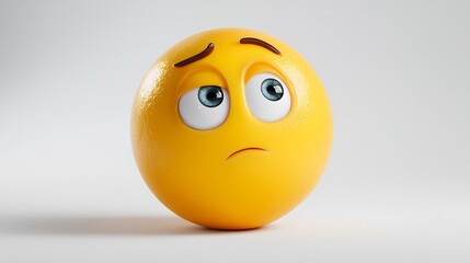 Expressive yellow emoji with downturned mouth, furrowed brows, and big eyes looking upwards, conveying sadness or contemplation on white surface
