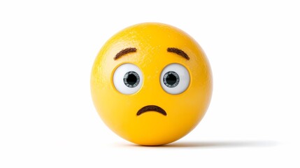 A bright yellow emoji with furrowed brows and a downturned mouth conveys a sense of sadness and worry against a stark white backdrop.
