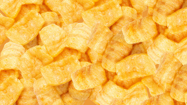 Bacon chips pattern, puff crisps wallpaper, puffs with spices, crunchy rice puffed snacks texture