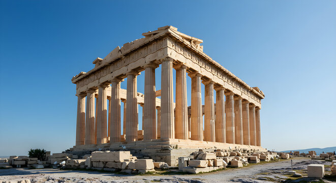 The Parthenon, a classical Greek temple, stands proudly against a clear blue sky.