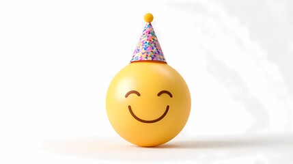 A whimsical image featuring a cheerful, yellow emoji wearing a colorful party hat, set against a bright white background.
