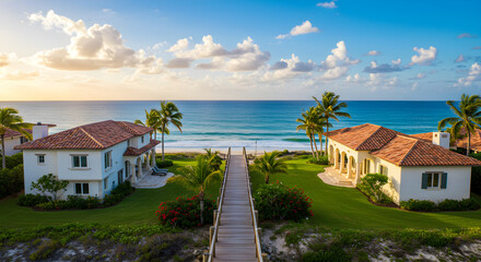 Luxurious beachfront villas with red tile roofs, facing the ocean under a bright, cloudy sky.
