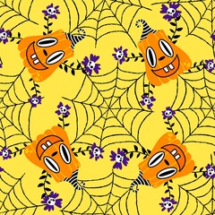 Autumn harvest vegetable seamless monster Halloween pumpkins pattern for wrapping paper and fabrics
