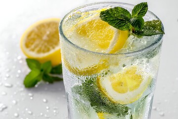 Fototapeta premium Refreshing Lemon and Mint Beverage: A close-up shot of a fizzy, chilled beverage, showcasing slices of juicy lemon and fresh mint leaves submerged in crystal-clear liquid. A perfect summer cooler.