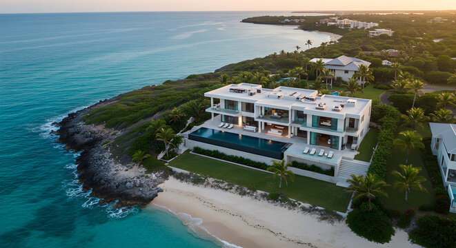Luxurious beachfront villa overlooking the turquoise ocean, showcasing modern architecture.