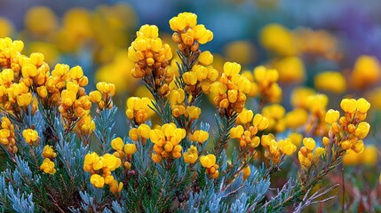 Obraz premium Close-up view of vibrant yellow flowers with delicate foliage.