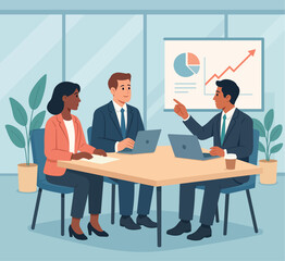 Business team meeting in modern office. Flat vector illustration with diverse coworkers, laptops, charts and presentation screen. Corporate discussion and teamwork.