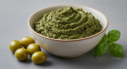A bowl of delicious pesto with green olives and basil leaves on a neutral gray surface, Freshly made pesto sauce in a bowl surrounded by olives and basil, perfect for adding flavor to pasta