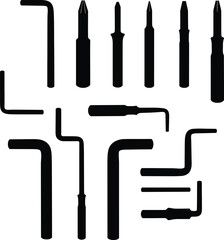 Comprehensive Allen wrench vector silhouettes: diverse L-shaped and screwdriver-style hex key tools, essential for assembly, repair, and mechanical tasks in various industries and DIY projects.