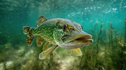 Fototapeta premium Underwater glimpse of a northern pike swimming among aquatic plants in a clear lake during daytime hours